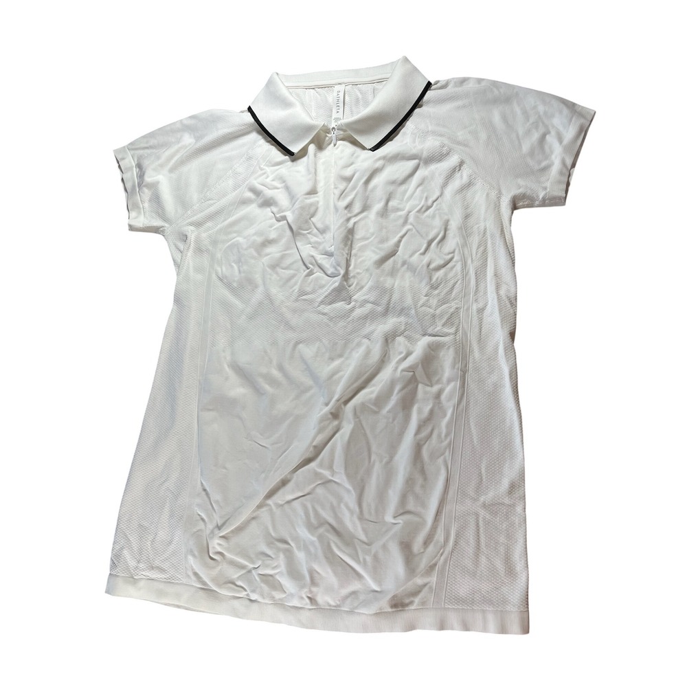 Athleta Momentum Polo Shirt Womens XL White Black Tipped Half Zip Seamless Mesh